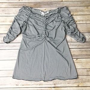 Max Studio gray white striped ruched top Sz L